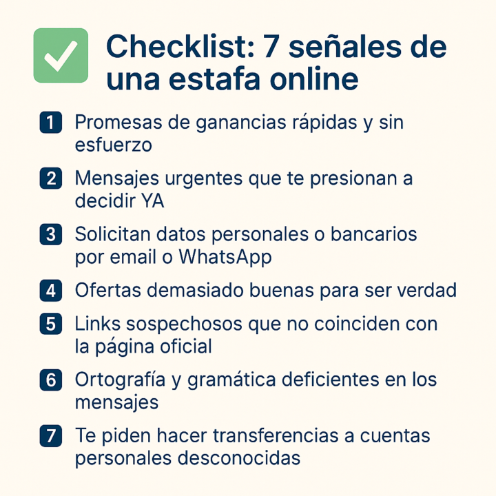 ✅ Checklist: 7 señales de una estafa online 💻 Protege tu dinero y tu tranquilidad digital.