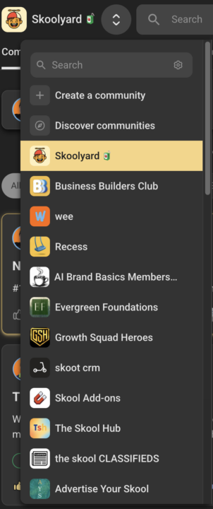 is the skoolyard showing up in your drop-down for the Skools you're in?