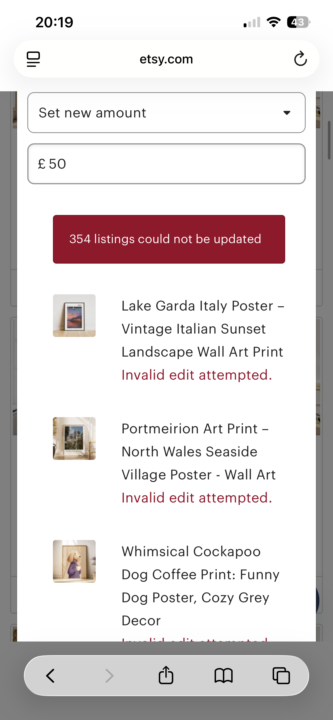 Bulk pricing update fail