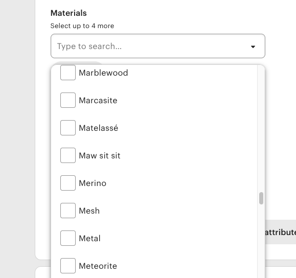 Etsy Materials Selection in Listings