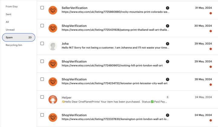 Spam Messages on Etsy!