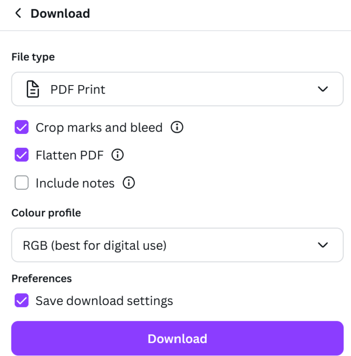Canva Downloading Settings