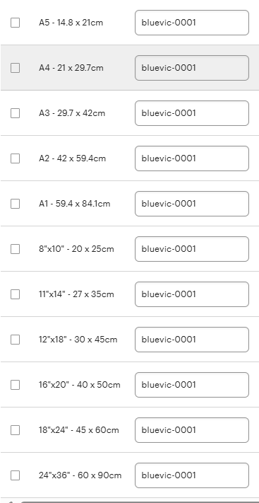 SKU's for different sizes