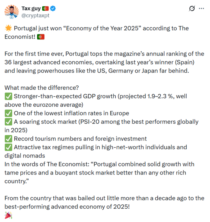 "Portugal just won “Economy of the Year 2025” according to The Economist!" 