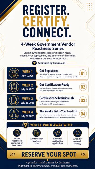 Register. Certify. Connect. A 4 Week Government Vendor Readiness Series starts July 1.