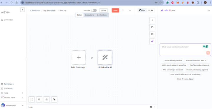 n8n with AI workflow building - running locally!