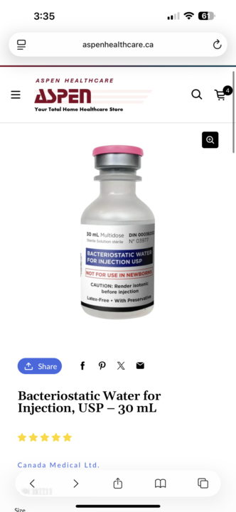 Pfizer Hospira Bac Water for 8.95$CAD 30ml Ship to USA as well