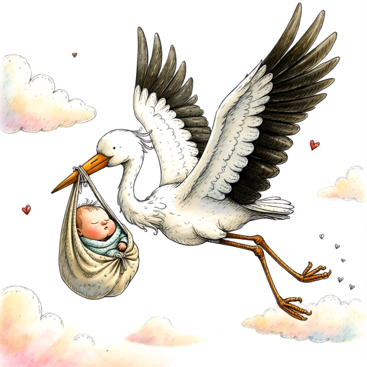 Stork holding a baby