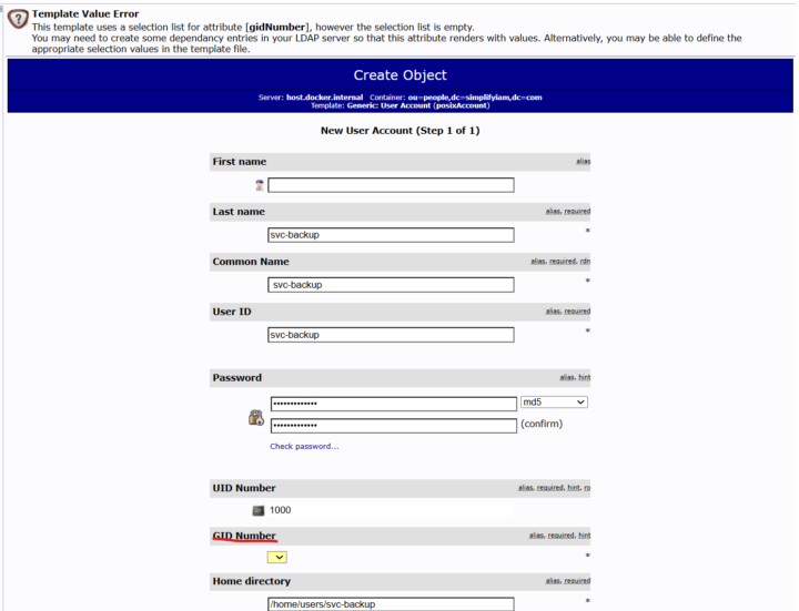 Unable to create service account user on LDAP