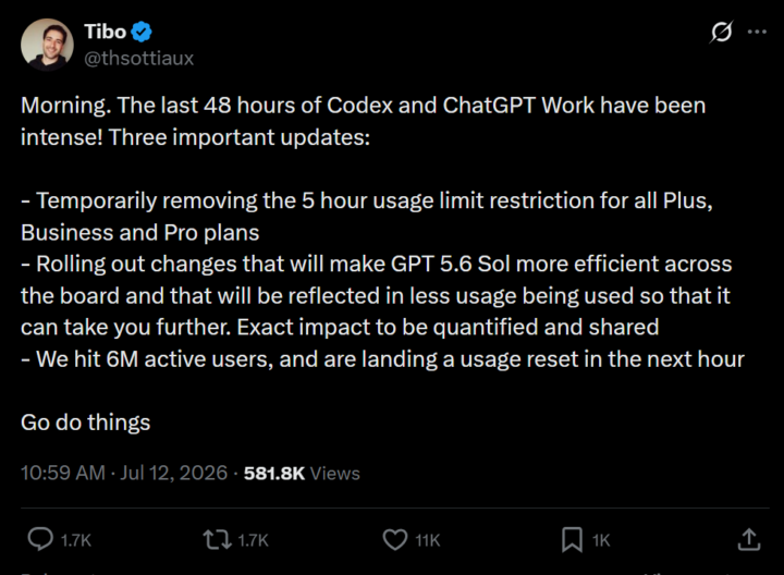 OpenAI Temporarily Removing The 5 hour Usage Limit