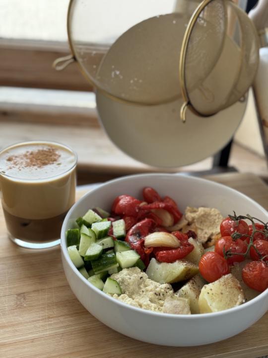 Mediterranean breakfast + ice whipped coffee 🤎