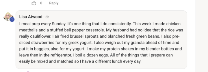 Lisa's meal prep plan
