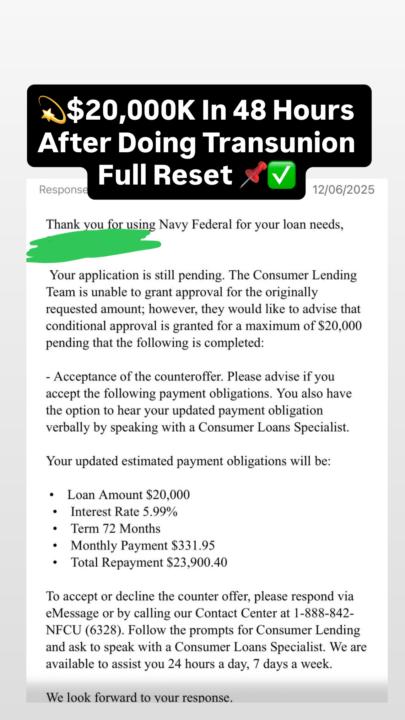 $20K Approval With NFCU & Transunion Cleared In 5 Days ‼️