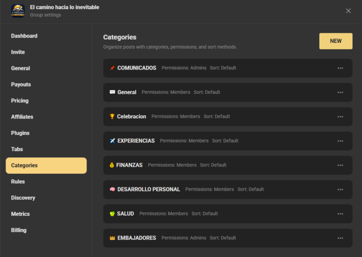 Que categorías uso en Skool?