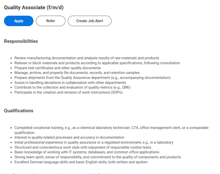 Job Opening - Quality Associate