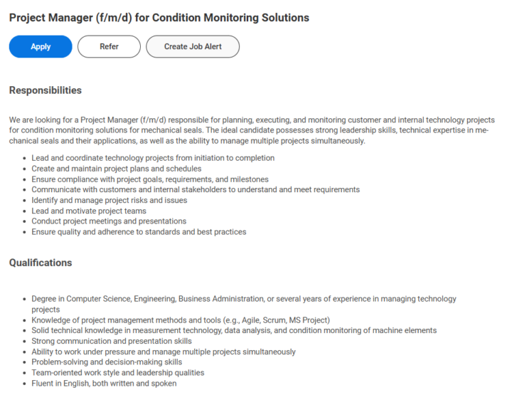 Job Opening - Project Manager (f/m/d) for Condition Monitoring Solutions