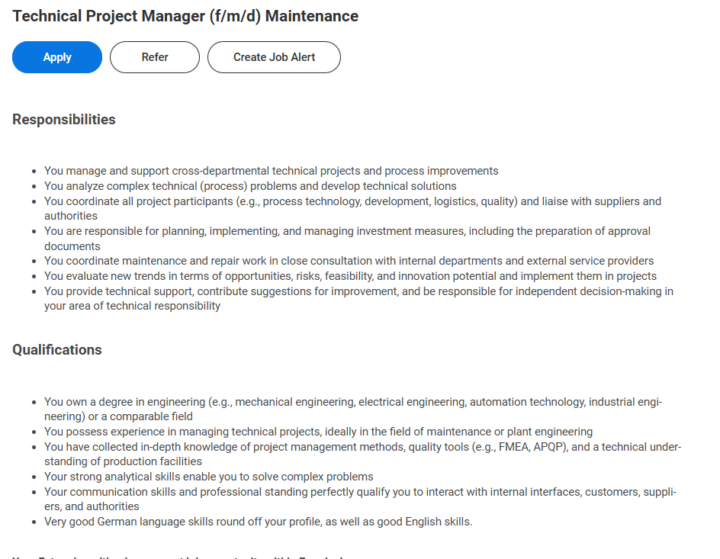 Job Opening - Technical Project Manager (f/m/d) Maintenance