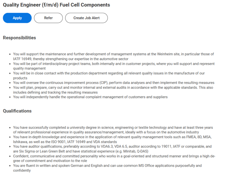 Job Opening - Quality Engineer (f/m/d) Fuel Cell Components