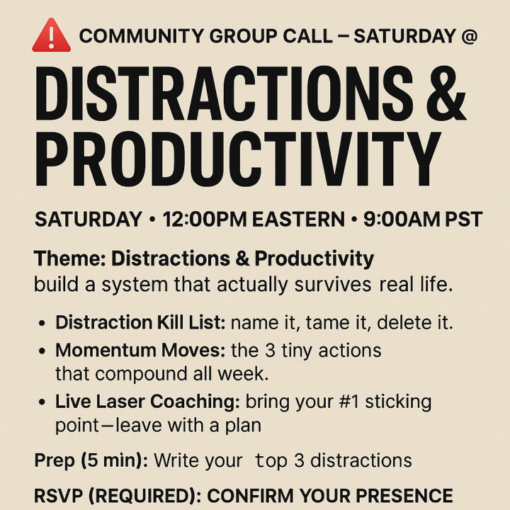 ❌Cancelled Community Group Call, SATURDAY (9am PST-12pm EST): Distractions & Productivity