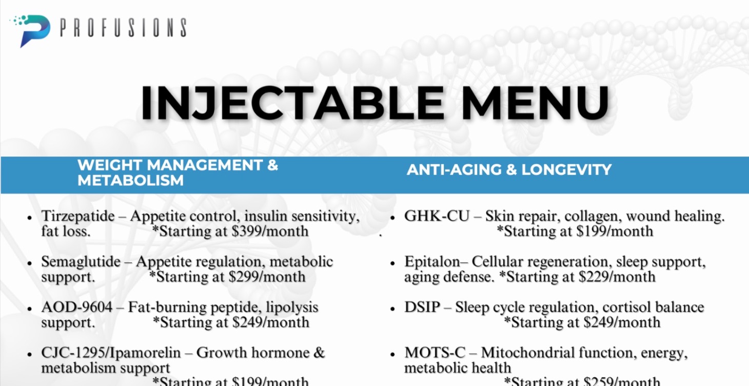 Profusions Injectable Peptide Menu