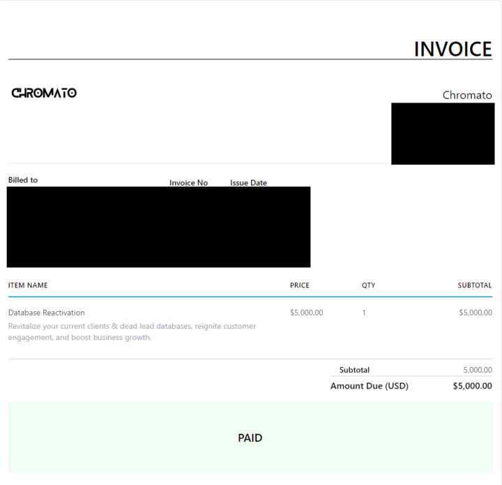 Closed 1st Database React. client! $5k upfront + $250 per appt.