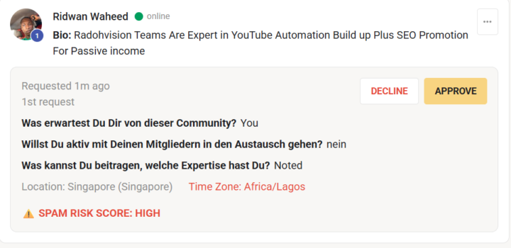 Neue Beitrittsanfrage zu Eurem Schutz abgelehnt: Ridwan Waheed