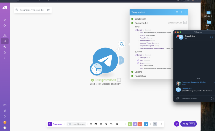 Mi primer mesaje con un bot de telegram desde make.