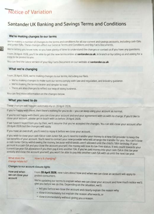 Notice of Variation to UK Banking and Savings Terms and Conditions 