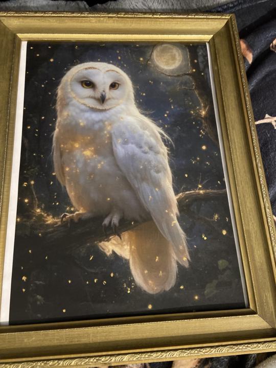 Beautiful owl in moonlight. Still playing with it a little. Have yet to stick it down and seal. Will likely add gilding to the borders to unify it but so far I’m happy. 
