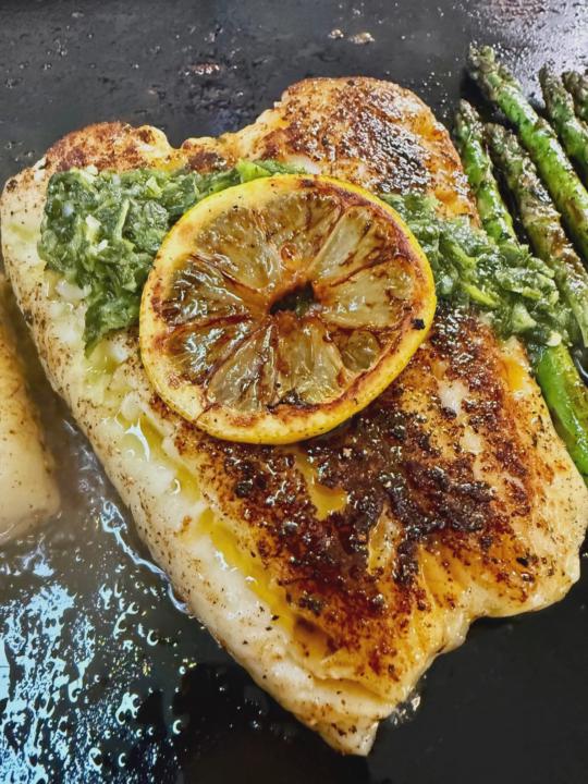 Blackstone Chilean Sea Bass with Chimichurri and Asparagus 
