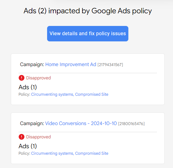 Youtube Ads Disapproved