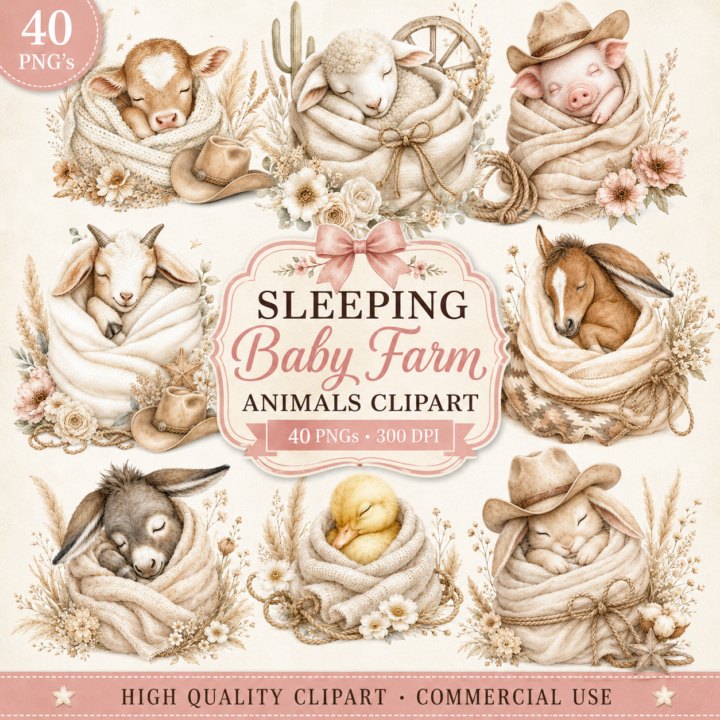 Sleeping Baby Farm Animals Clipart Bundle