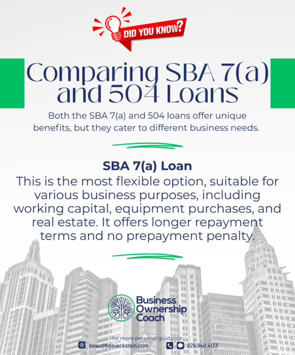Comparing SBA 7(a) vs. SBA 504 loans.