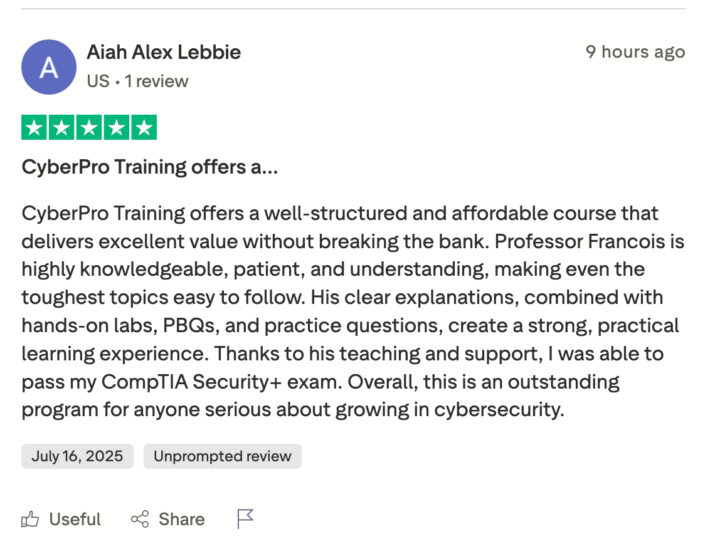 Let's Congratulate Alex for Passing his Security+ last Tuesday 