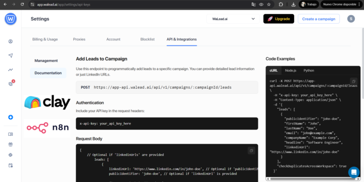 Update WaLead.ai! Integración con Clay y n8n