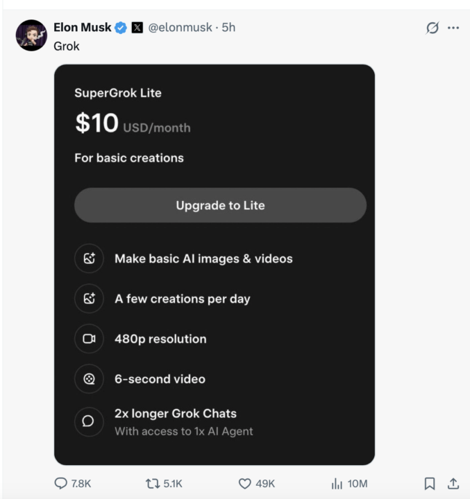 Super Grok Lite $10