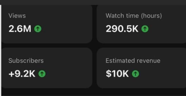 2.6M+ views, 290K+ watch hours, 9.2K new subscribers, and over $10,000 generated 📈