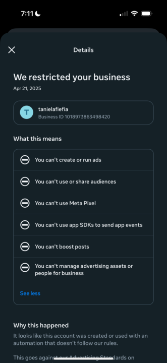 Restricted ad and IG account
