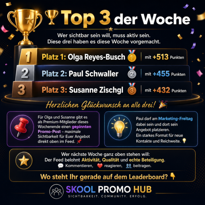 🏆 Das sind die Top 3 der Woche im Skool Promo Hub.