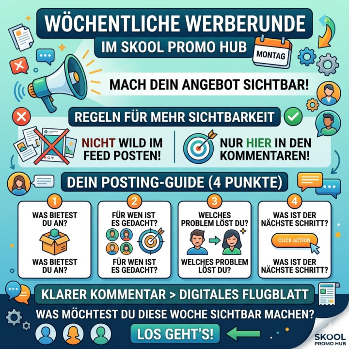 Wöchentliche Werberunde im skool Promo Hub🚀