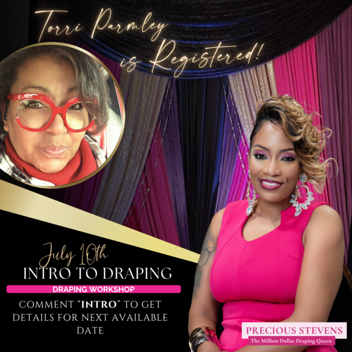 Sold Out: Torri Parmley Secures the One of the Last Spot in the July 10th Intro to Draping Workshop