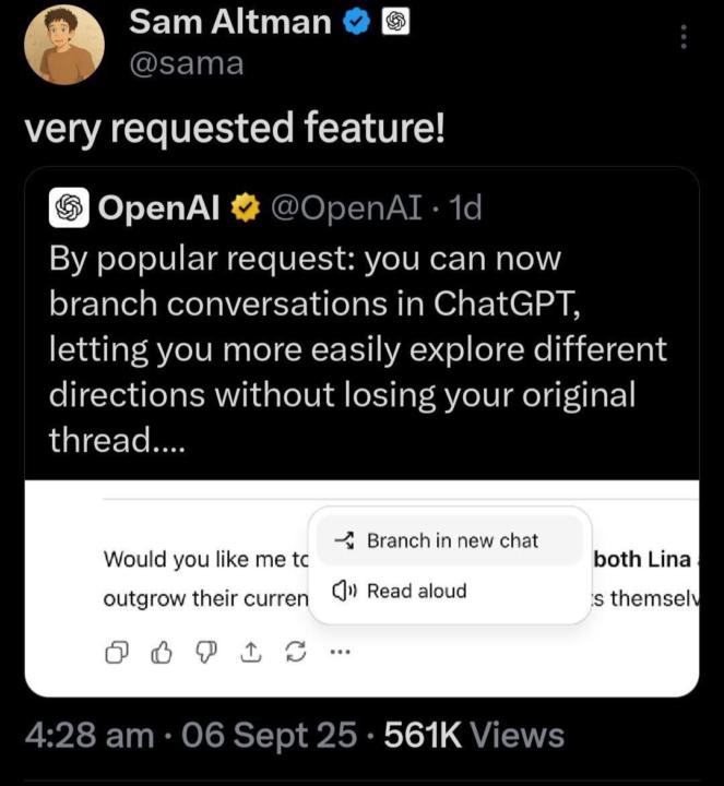 By popuplar request: Branch in New Chat - Announced By Sam Altman