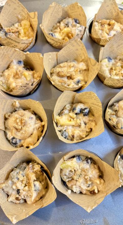 Pineapple, walnut, blueberry, and cinnamon muffins