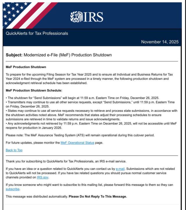 IRS announces e-file shutdown for both business and individual returns will be 12/26/25.