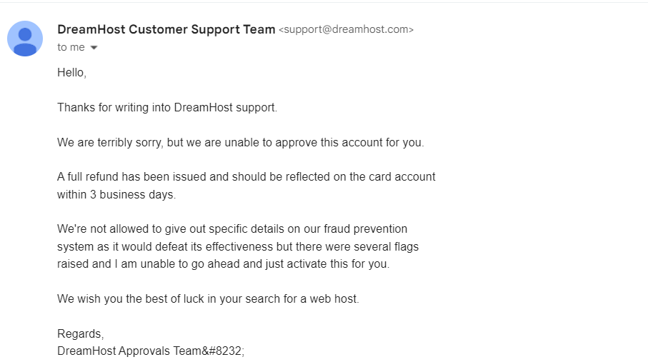 DreamHost Account Rejection Max Business School 