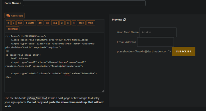 Struggling with the HTML code placeholder (Brevo/Sendinblue) for new form creation on my WordPress site