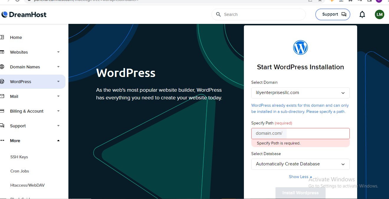 WordPress already exists for this domain and can only be installed in a