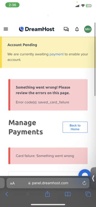 Problem in payment on Dreamhost 