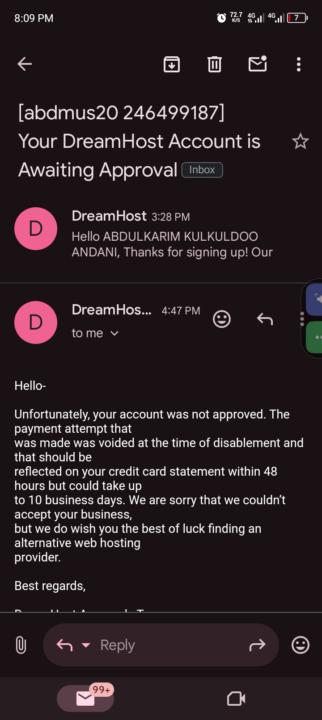 Business rejected at dreamhost 