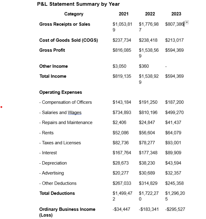 USED AI to Evaluate a Business P&L with 3 years of Taxes